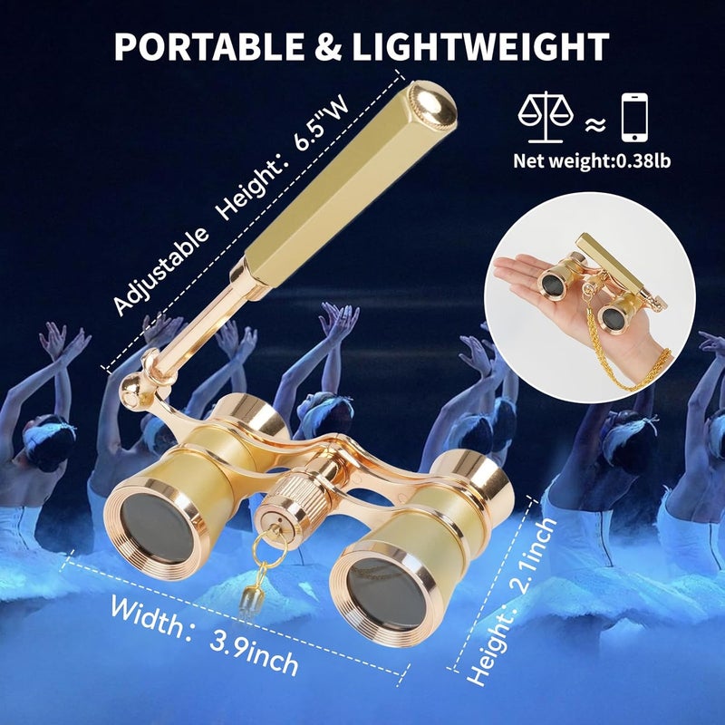 BOSTRON 3X25 Opera Glasses Theater Binoculars Compact with Adjustable Handle & Chain, Portable Vintage Theater Glasses Mini Binoculars for Adults Women Kids for Concerts Opera Houses Cinema, Gold - Image 4